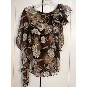 Y2K Opera One Shoulder Sheer Blouse Floral Ruffle Romantic Boho Brown Women S